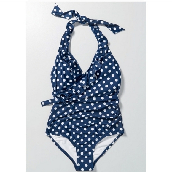 Modcloth The Reese One-Piece Swimsuit Halter Ruffle Polka Dot Navy Blue Size 3X - Picture 12 of 14